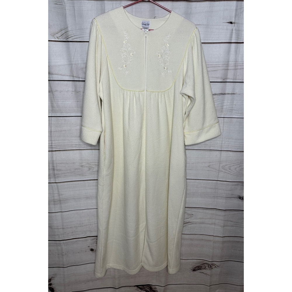 Vanity Fair Robe Women Lg Lt Yellow Floral Zip Front Embroidered Textured Long